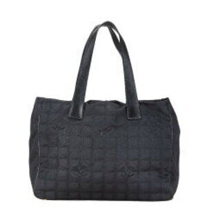 Chanel Travel Line Tote Bag Shoulder Black Satin Canvas Leather